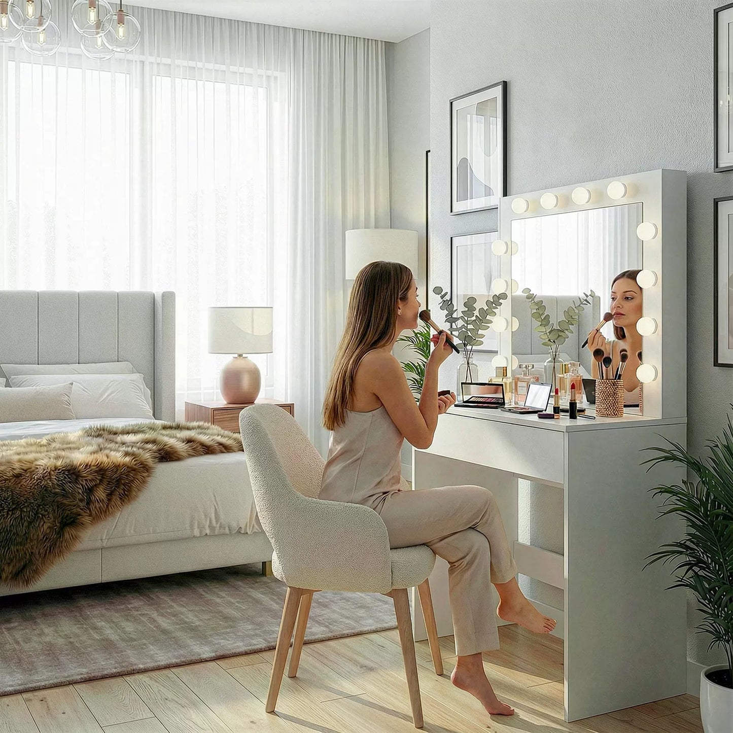 Kosmetinis staliukas su LED apšvietimu ir veidrodžiu makiažui + stalčius