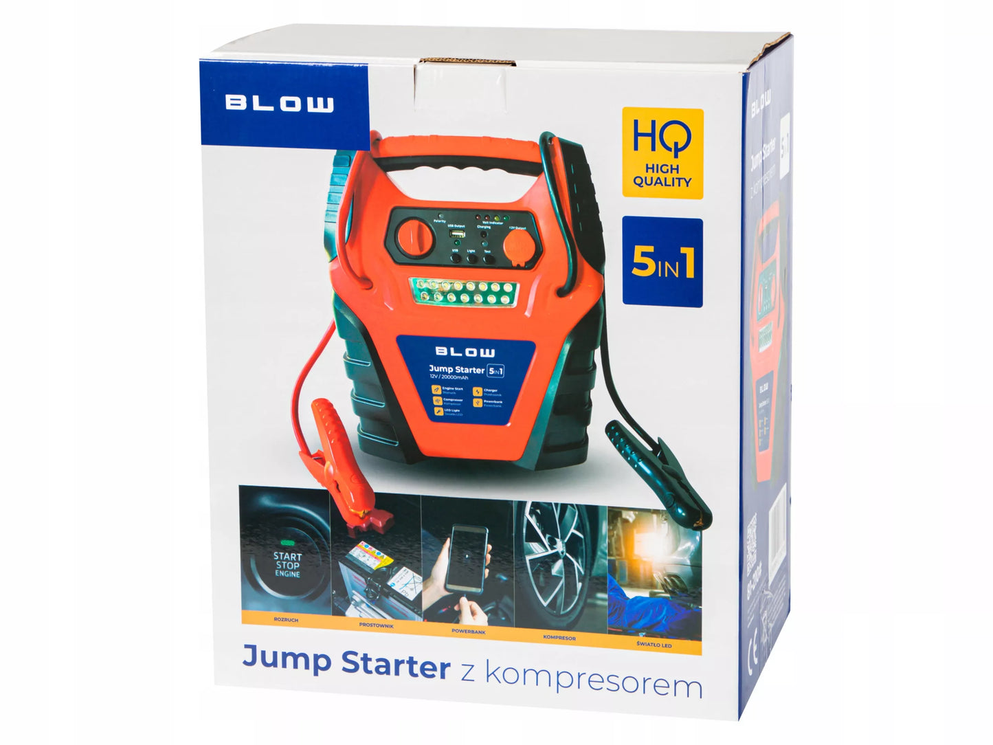 Jump starter / powerbank 5 in 1 – kompresorius ir siurblys automobiliams 12 V, 20000 mAh