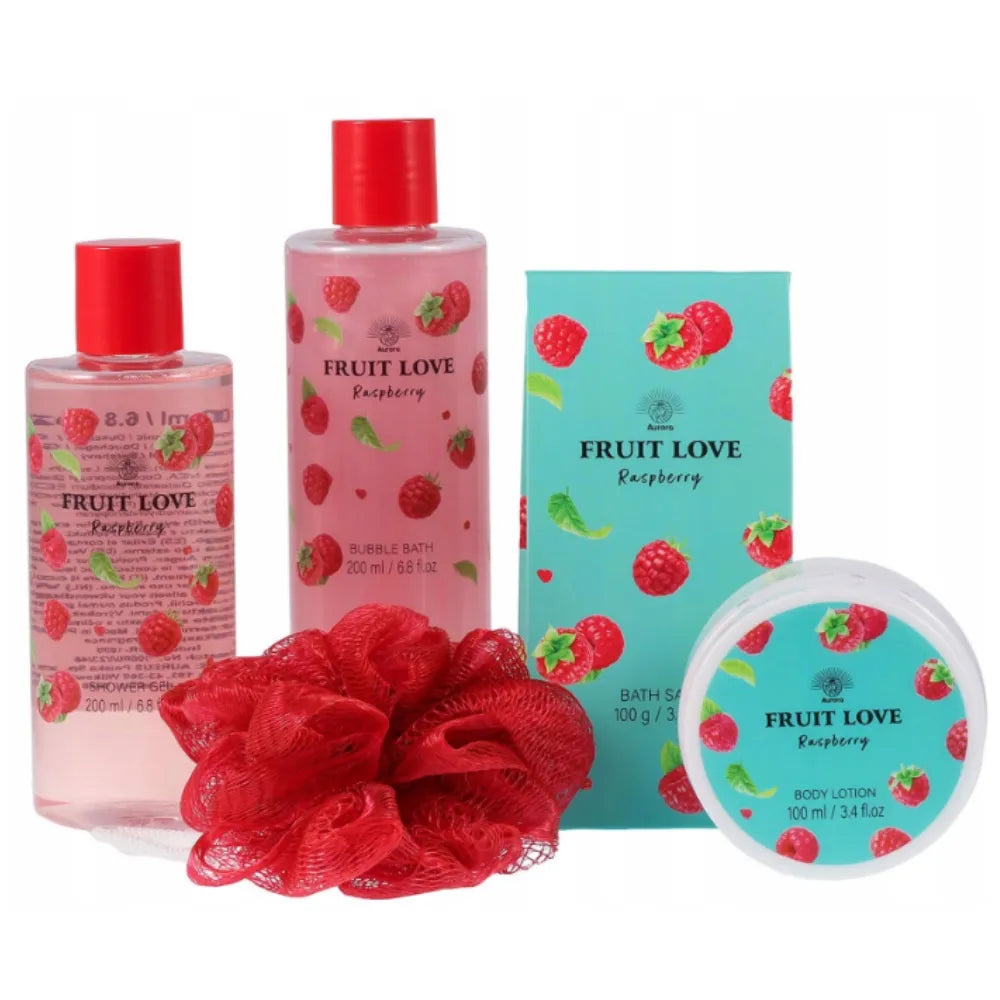 Aurora Fruit Love aviečių dovanų rinkinys, 4 kosmetikos priemonės ir šveitiklis krepšelyje