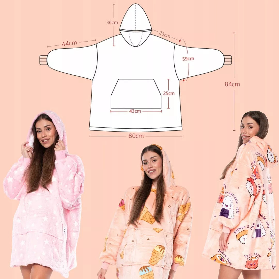 Džemperis pledas "Kocobluza" 2in1 Oversize su gobtuvu, storus "Sherpa" audinys, mėlynas su "Sushi"