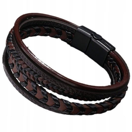 Vyriška odinė apyrankė, ruda, trigubas dirželis, nerūdijantis plienas 316L