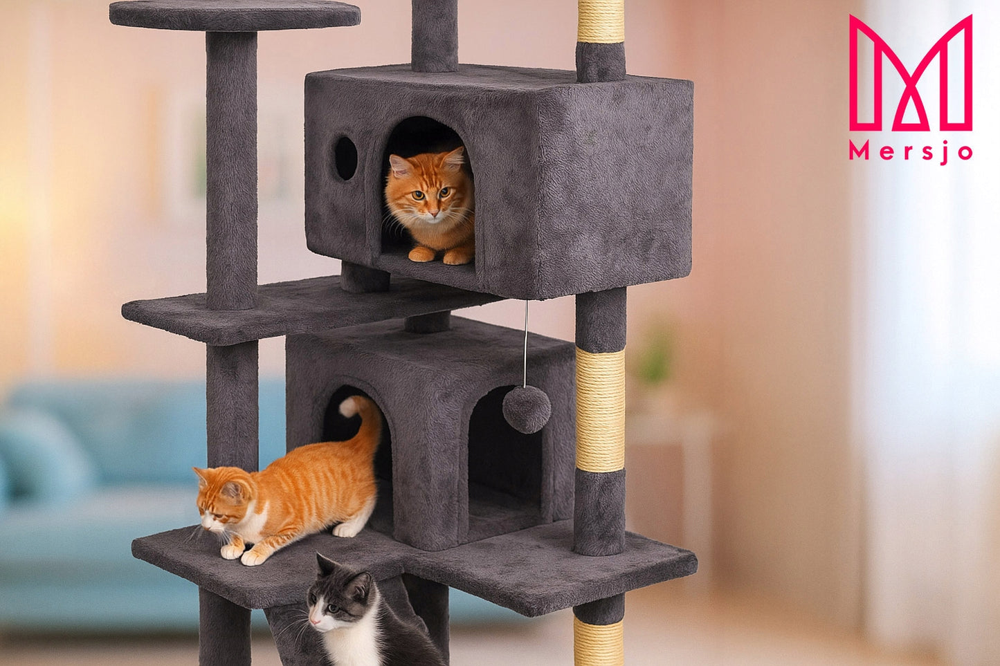 Stovi katės draskyklė, aukšta, 7 lygiai, tamsiai pilka 138cm