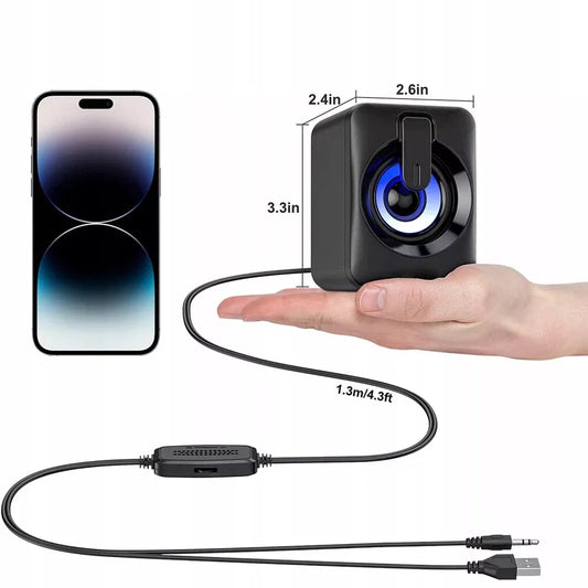 USB 2.0 KOMPIUTERINĖS GARSIAKALBĖS PC NEŠIOJAMAM KOMPIUTERIUI TELEVIZORIUI RGB LED AUX 2x