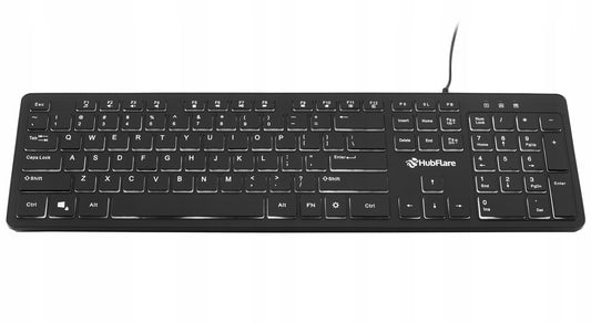 Juoda, plono (slim), žemo profilio, tyli biuro klaviatūra su LED apšvietimu