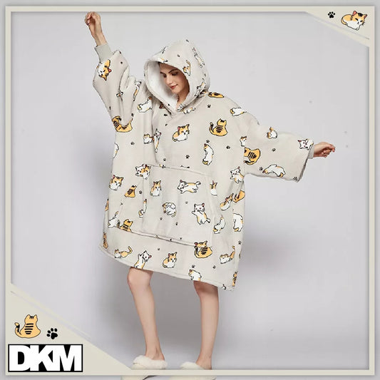 Šilta oversize antklodės džemperis 2 viename, storas XXL, su katėmis.