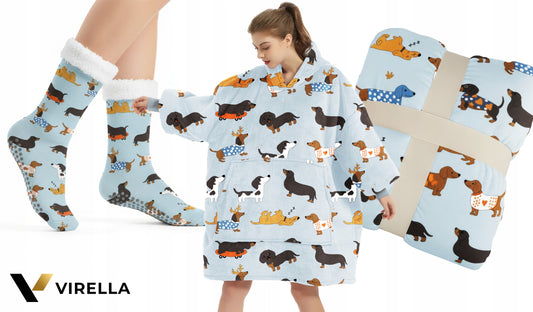 KOC Oversize storas pledinis džemperis su gobtuvu, šuniukai, kailinis, XXL + kojinės