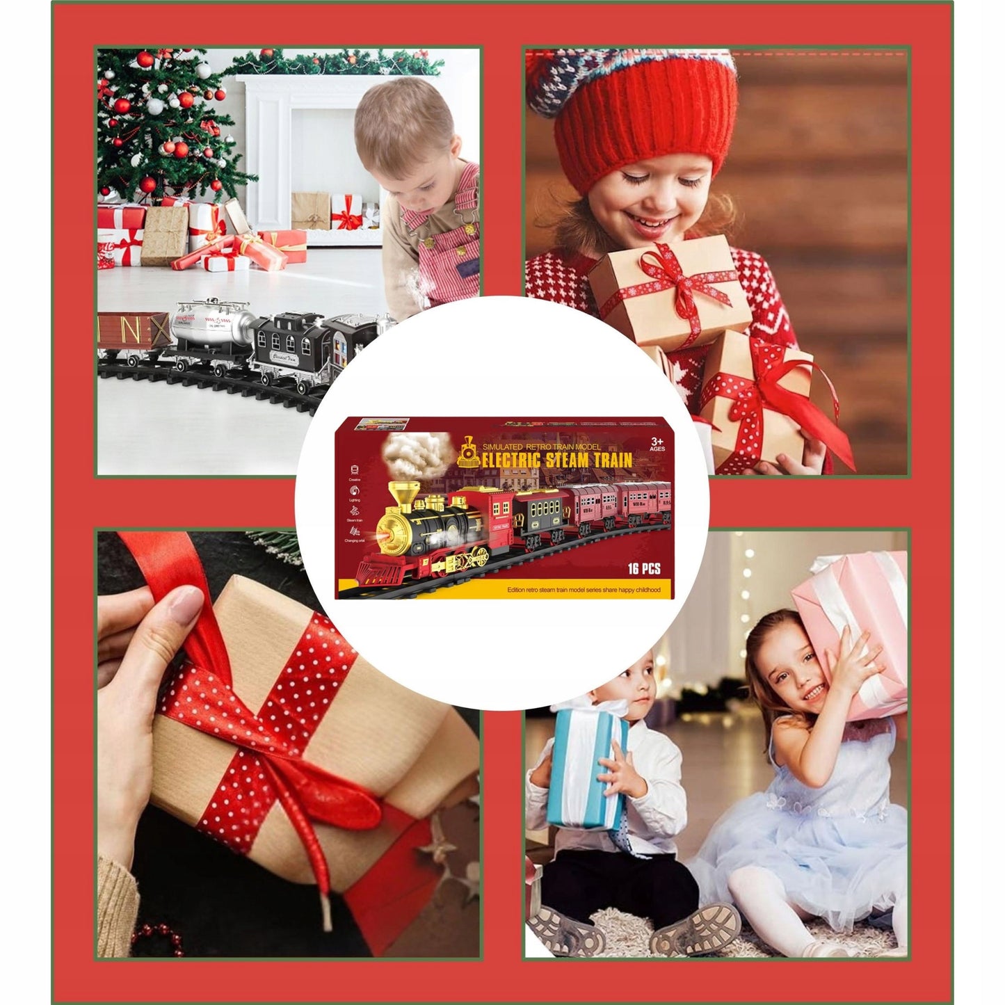 Elektrinis traukinukas su pulteliu, su vagonais ir 450 cm ilgio bėgiais. Kalėdinis traukinys.