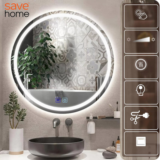 LED VONIOS VEIDRODIS APVALUS 60 cm APŠVIESTAS APSAUGOS NUO RASOJIMO, LIEČIAMAS 3 SPALVOS
