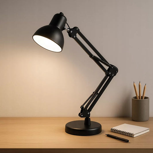 LED stalinė lemputė, skirta braižyti, mokyklai, reguliuojama, juoda, stovinti, E27, su spaustuku