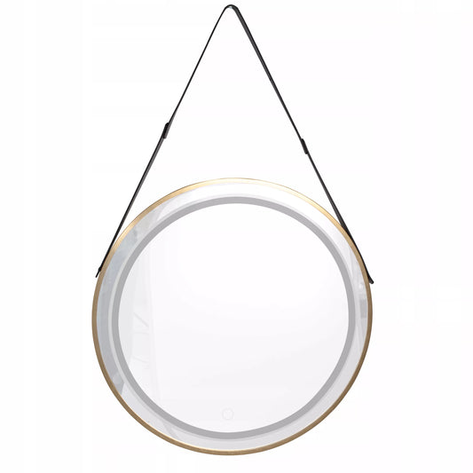 Okrągłe lustro LED 60 cm z eleganckim skórzanym paskiem, złota rama, ścienne, sterowanie dotykowe