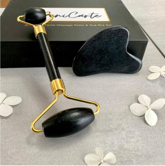 Veido masažuoklis Gua Sha akmuo, juodas nefrito volelis, dovanų rinkinys