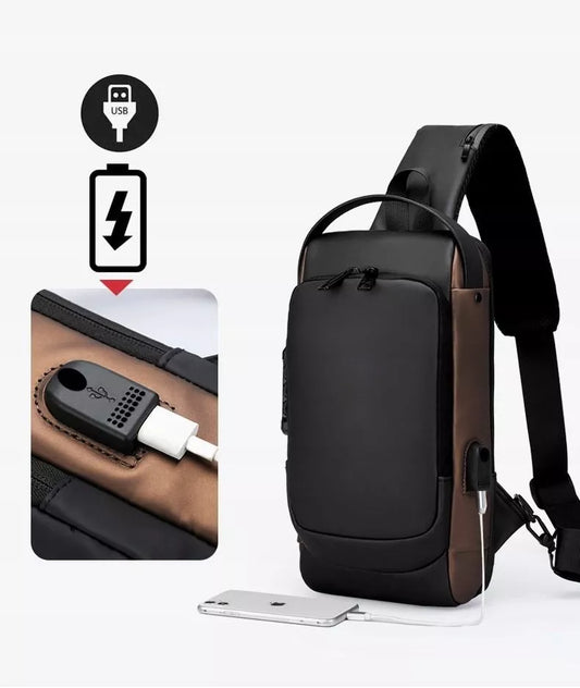 Sportinė kelioninė peties kuprinė su USB, apsauganti nuo vagysčių, pilka-ruda