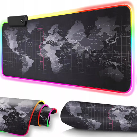 Apšviesta RGB žaidimų pelės kilimėlis LED 80x30 cm XXL Pasaulio žemėlapis