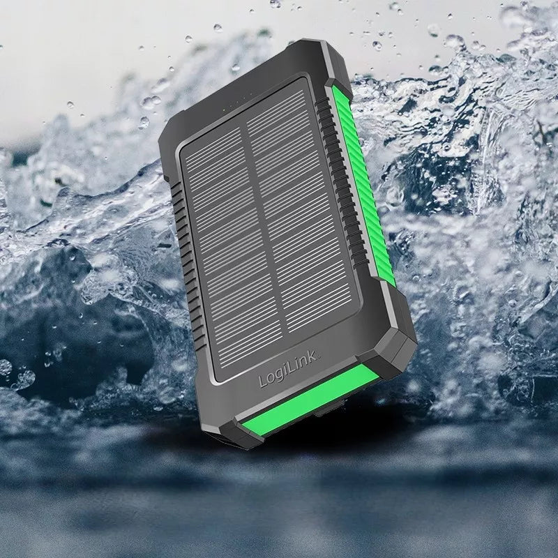Saulės energijos Powerbank 8000 mAh IP65 Logilink su Žibintuvėliu, Įkrovimas 2xUSB-A 2A 10W