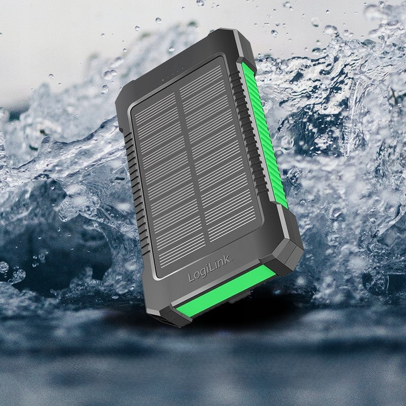 Saulės energijos Powerbank 8000 mAh IP65 Logilink su Žibintuvėliu, Įkrovimas 2xUSB-A 2A 10W