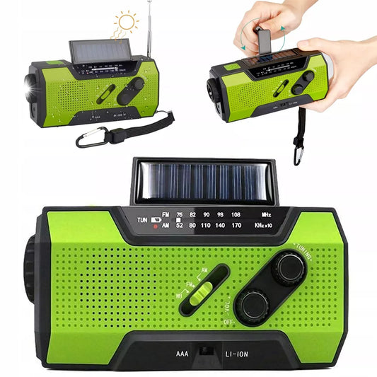 NEŠIOJAMAS RADISTUVAS SAULĖS ENERGIJA KORTELE SIGNALIZACIJA DINAMO AVARINIS ŽIBINTUVĖLIS POWERBANK 3 IN 1