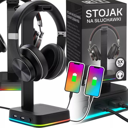 Žaidimų ausinių stovas / laikiklis su RGB apšvietimu, USB Hub + 2x USB