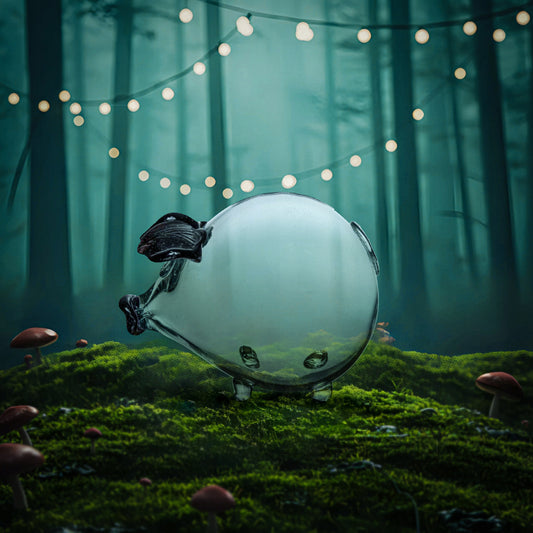 Rankų darbo stiklinė kiaulytė taupyklė seifas, juodos ausytės, XXL, dovana