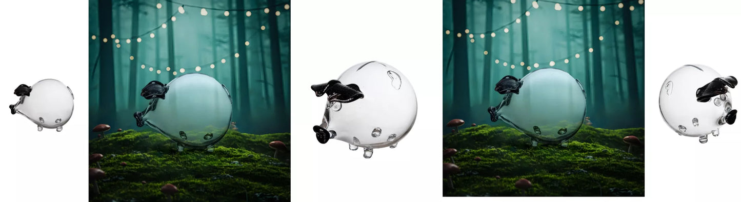 Rankų darbo stiklinė kiaulytė taupyklė seifas, juodos ausytės, XXL, dovana