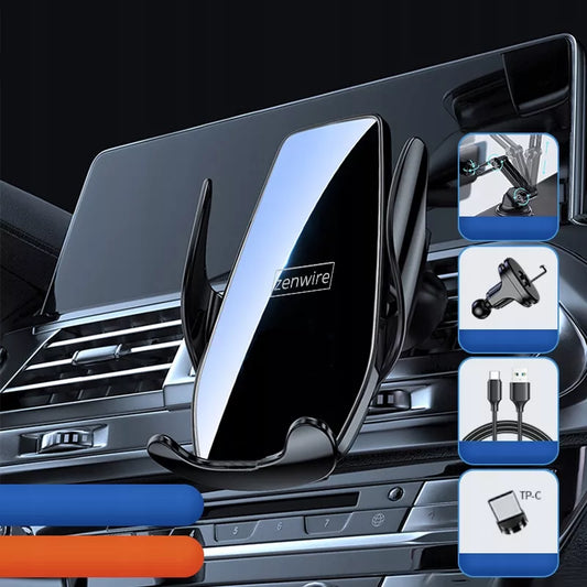 Automobilinis laikiklis telefonui su belaidžiu įkrovikliu, priekiniam stiklui, grotelėms, prietaisų skydeliui
