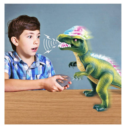 Didžiulis kovojantis T-REX dinozauras, valdomas pulteliu, vaikšto, riaumoja, šviečia, šoka