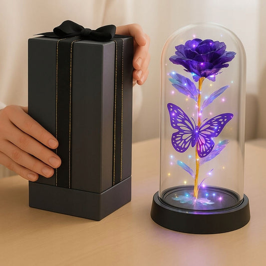 Amžina Rožė Stiklinėje su LED – Violetinė Lemputė – Dovana Moteriai Niej Murrano