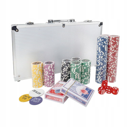 Premium Pokerio Rinkinys | 300 Žetonų, Lagaminas, Kortos, Kauliukai