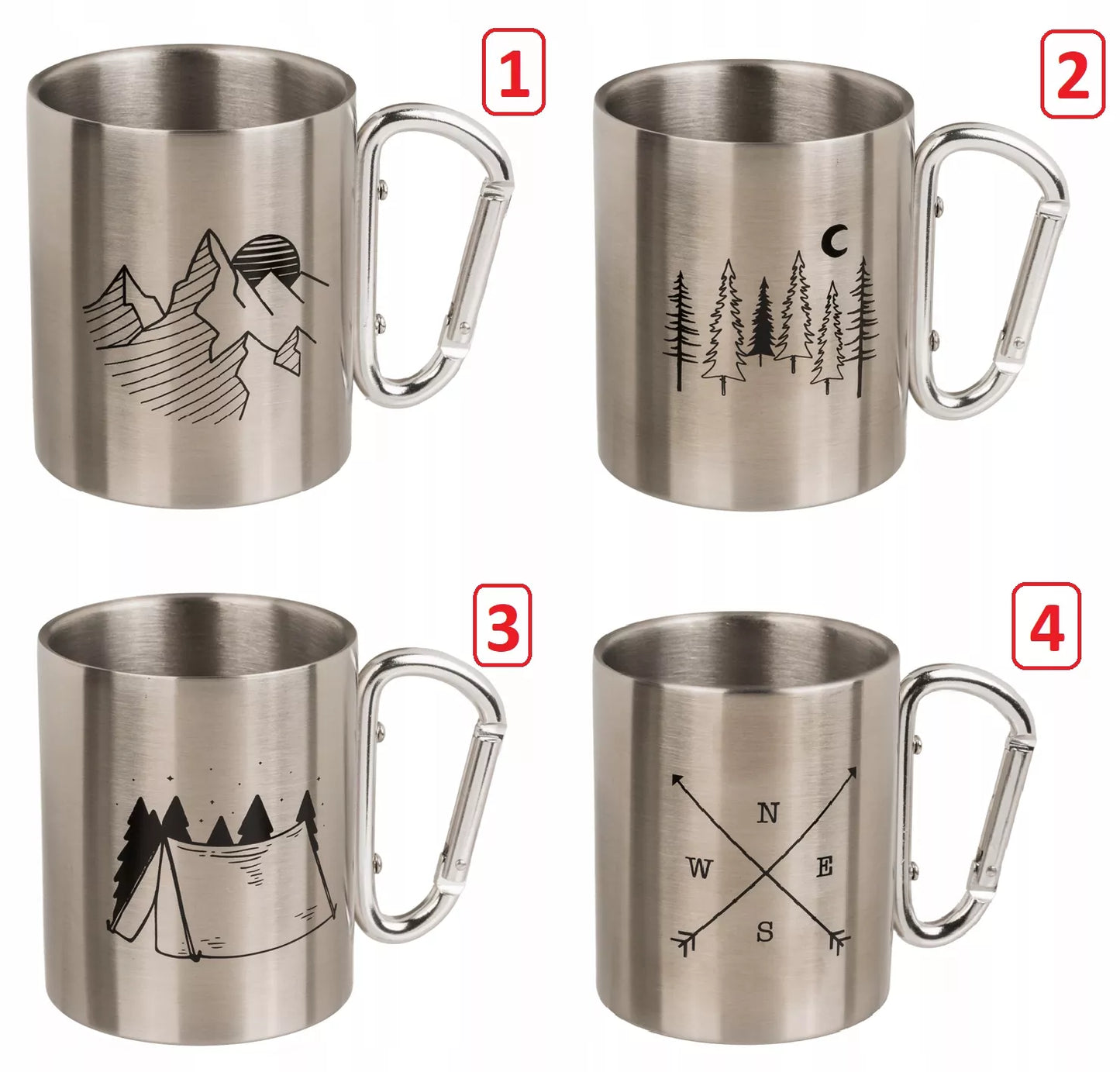 Plieninis turistinis puodelis su karabinu iš nerūdijančio plieno