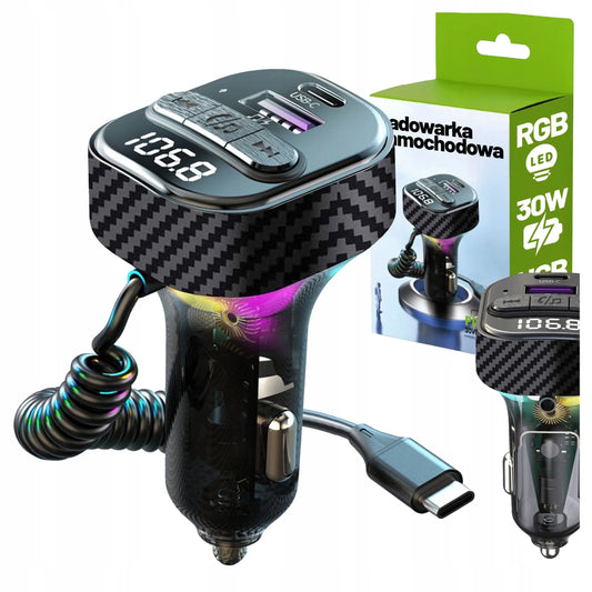 Alogy Bluetooth FM siųstuvas automobilinis įkroviklis 30W BT 5.3 QC3.0 USB-C laidas