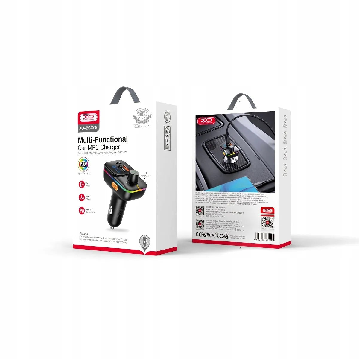 Automobilinis „Bluetooth FM“ siųstuvas MP3 grotuvas su 25W įkrovikliu XO BCC09 juodas