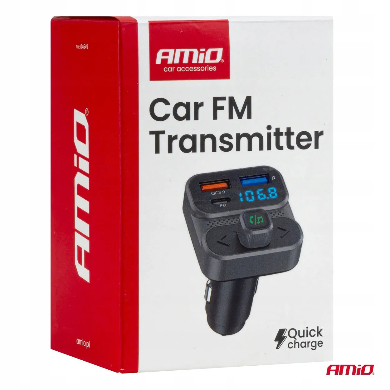 Automobilinis FM siųstuvas 2×USB-A 1×USB 12V 24V AMIO-04649