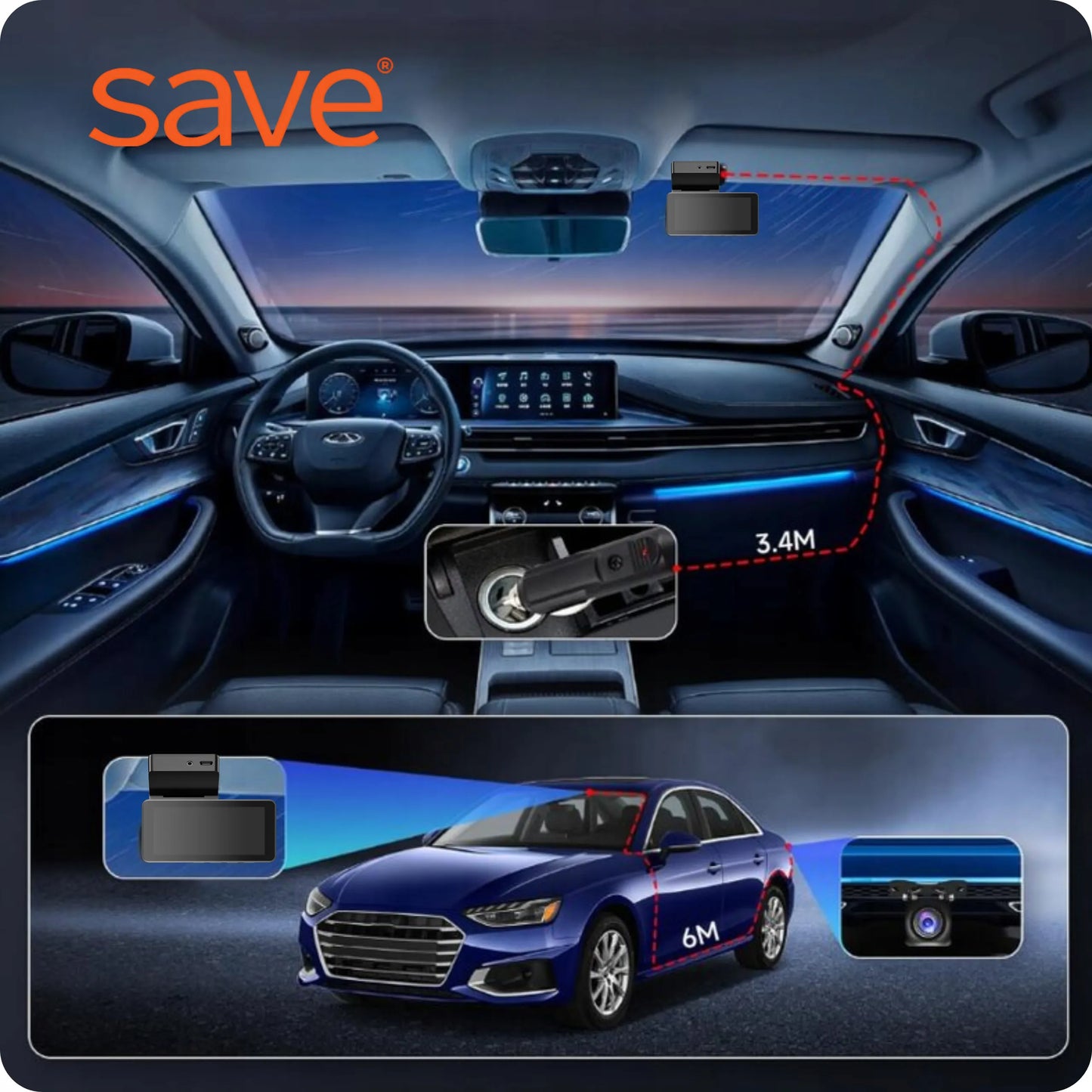 Automobilio vaizdo registratorius Save A4 4K Wi-Fi su galinio vaizdo kamera