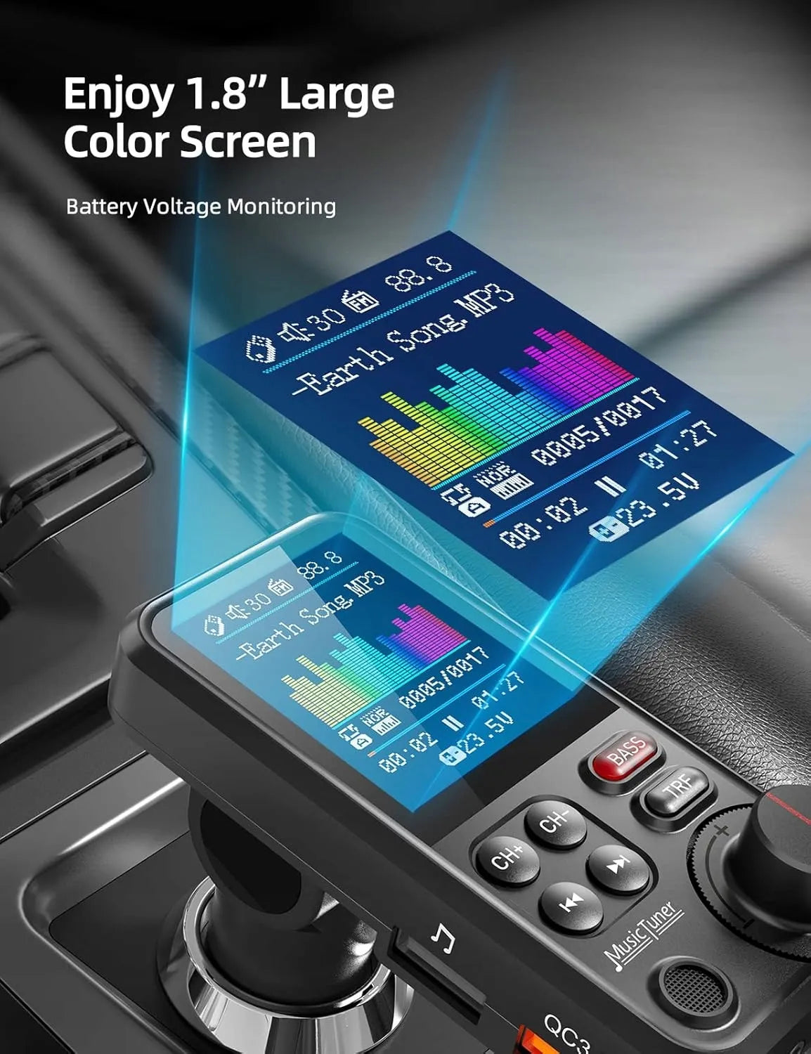 Automobilių BLUETOOTH siųstuvas QC3.0 18W USB su garsiakalbių ir žemų dažnių valdymu