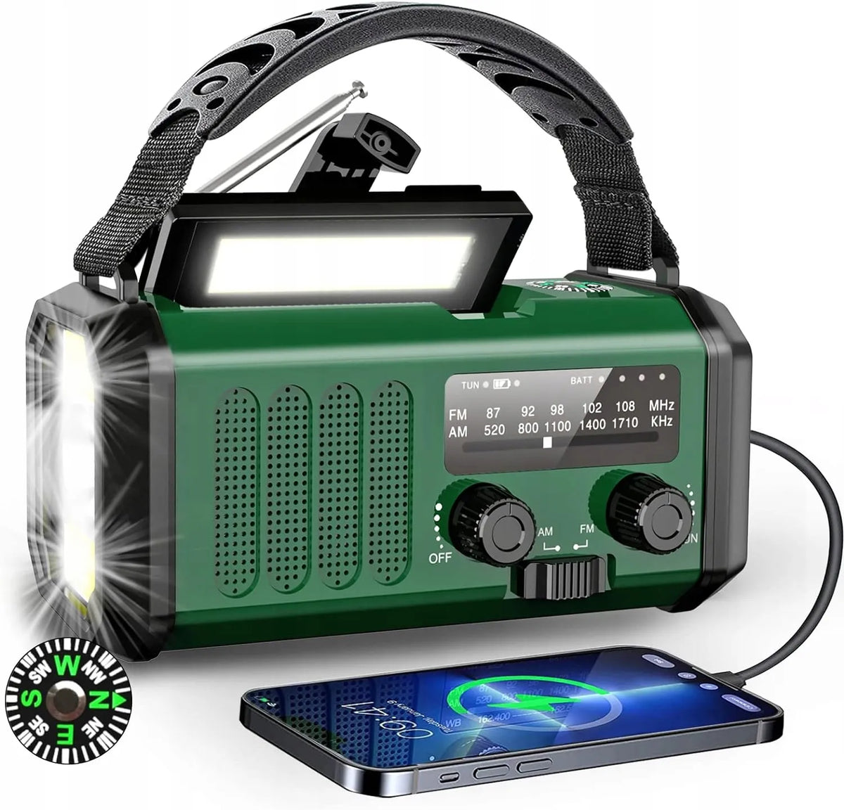 Avarinis saulės energija įkraunamas radijas AM/FM su SOS, USB įkrovikliu ir kompasu, 10 000 mAh