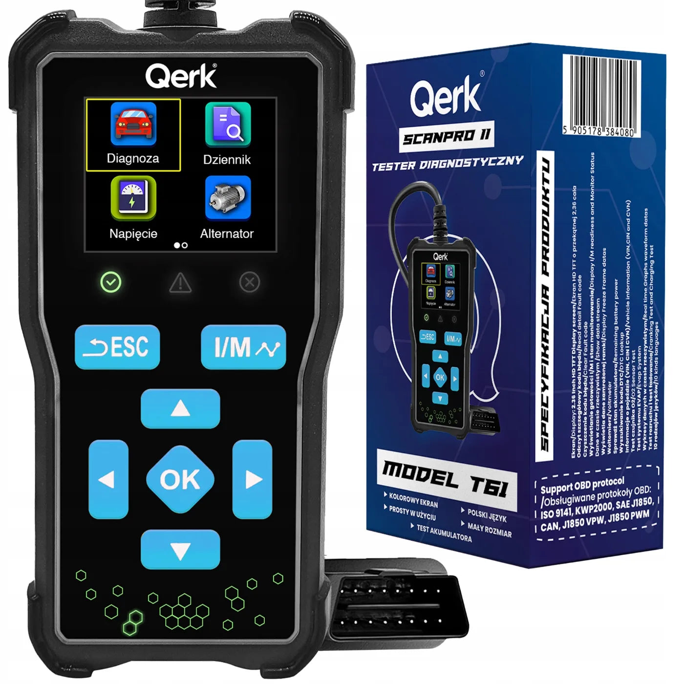 OBD2 skaitytuvas lenkišku meniu QERK T61 diagnostinė sąsaja