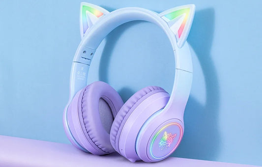 Belaidės žaidimų ausinės Onikuma B90 RGB su kačių ausytėmis, violetinės