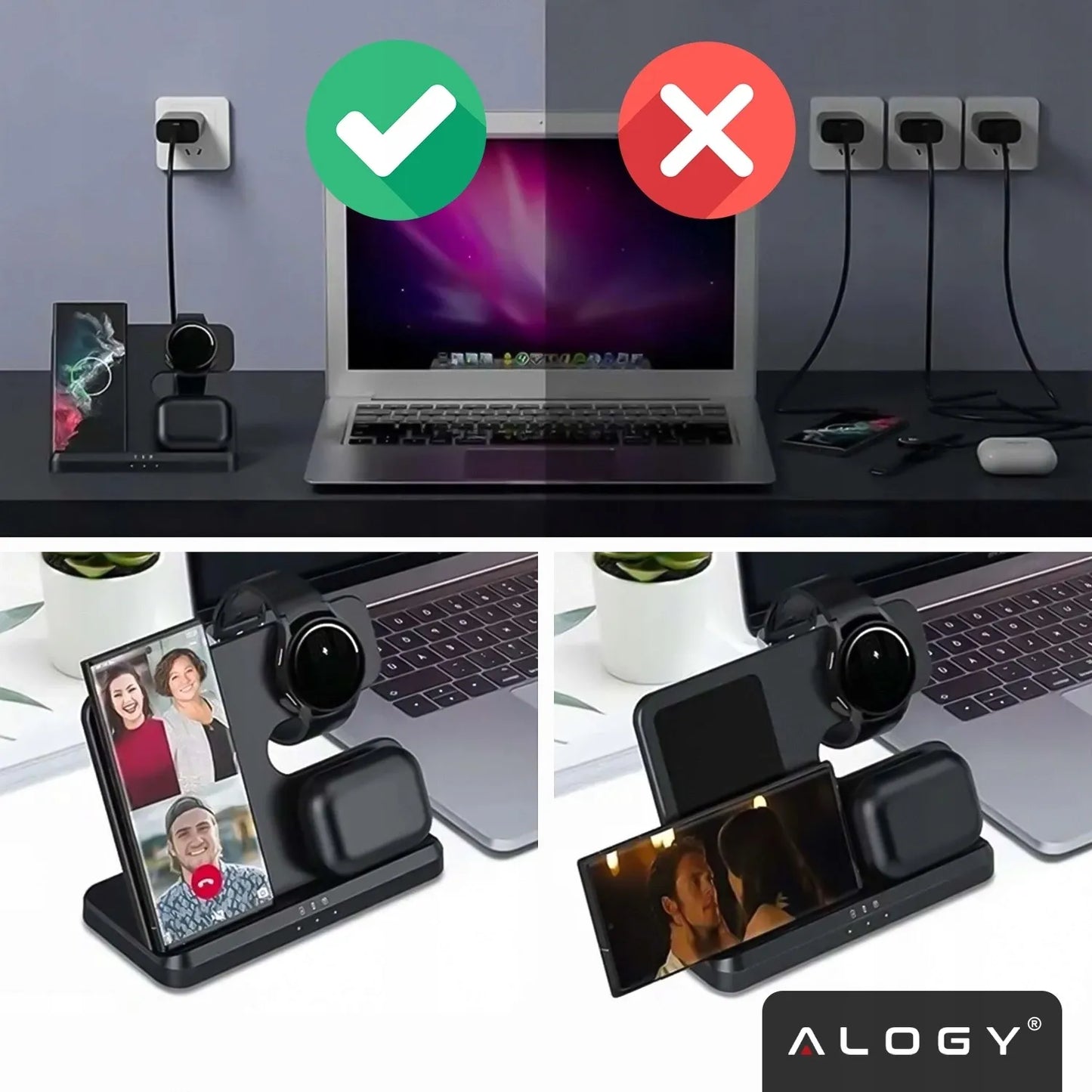 Belaidis indukcinis 3w1 QI įkroviklis, palaikantis greitąjį įkrovimą, skirtas Samsung S24 S23 S22 QC