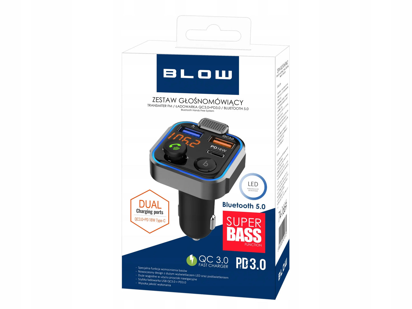 BLUETOOTH 5.0 FM siųstuvas, USB PD 20W QC 3.0 kroviklis, BASS, galingas mikrofonas