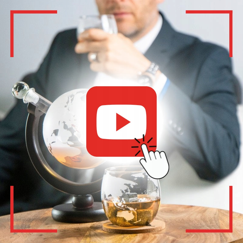 Viskių grafinas "Globus", stiklinės, akmenukai, stilinga dovana tėčiui, RINKINYS