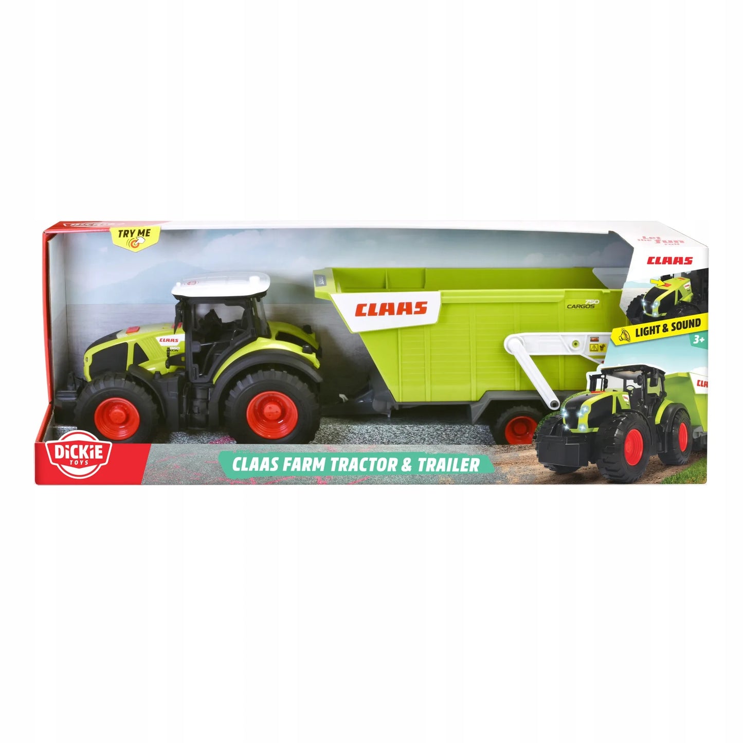 Didelis interaktyvus traktorius su priekaba Claas su šviesos ir garso efektais 64 cm