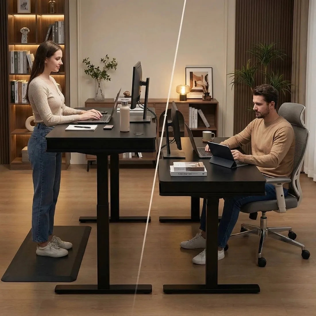 ELEKTRINIS reguliuojamas rašomasis stalas su stalčiumi 120x60 juodas LED USB Spacetronik