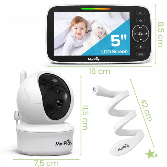 Elektroninė auklė su kamera ir 5 colių HD monitoriumi, VOX režimas, naktinis matymas