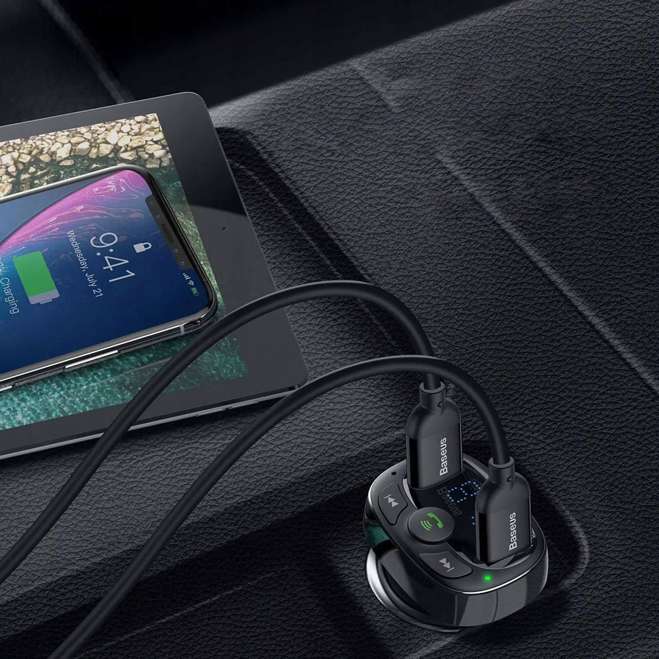 FM siųstuvas Baseus S-09A Bluetooth 2xUSB microSD įkroviklis LCD ekranas