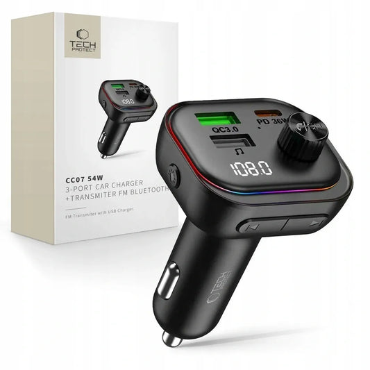 FM siųstuvas LED automobilinis įkroviklis Bluetooth USB + Type-C laidas 50 cm