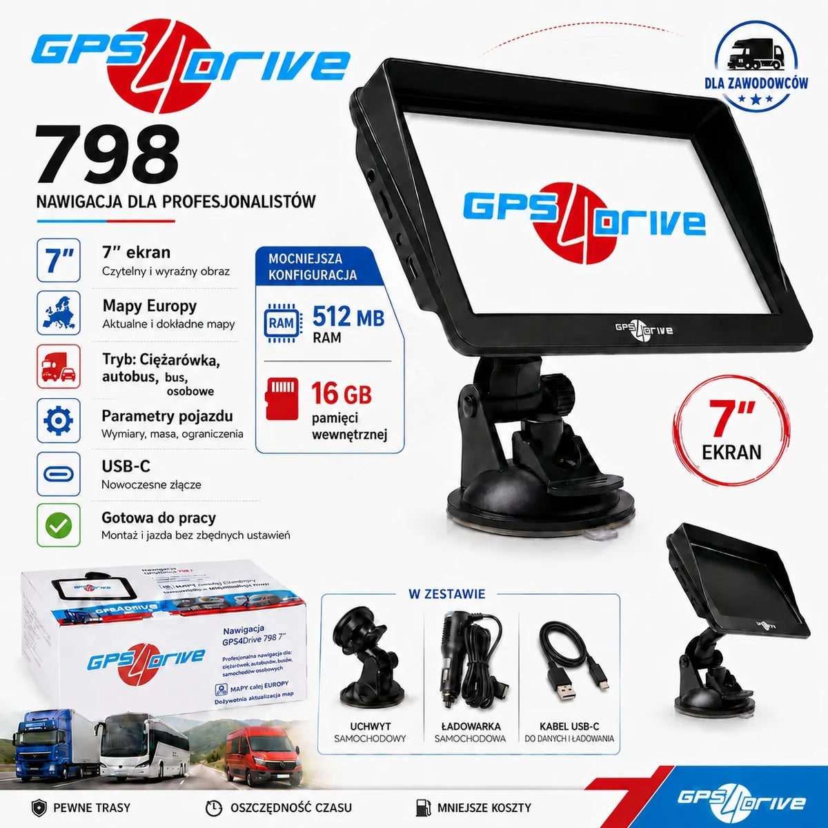 GPS navigacija 7" Truck EU sunkvežimiams TIR BUS autobusams ir lengviesiems automobiliams Gps4Drive 798