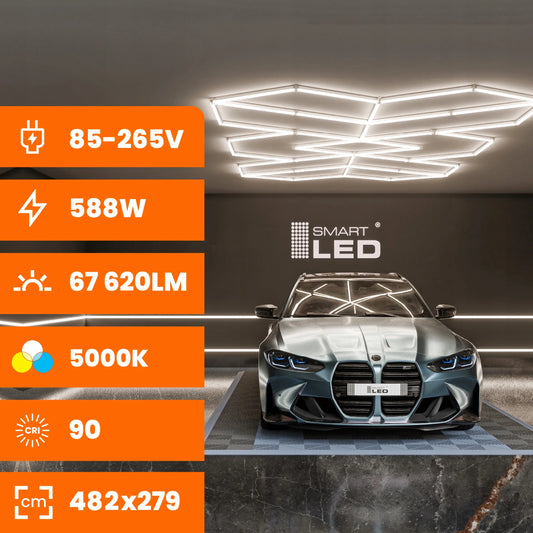 LED HEXAGON lubinis šviestuvas 588 W garažui ir dirbtuvėms, 482 × 279 cm