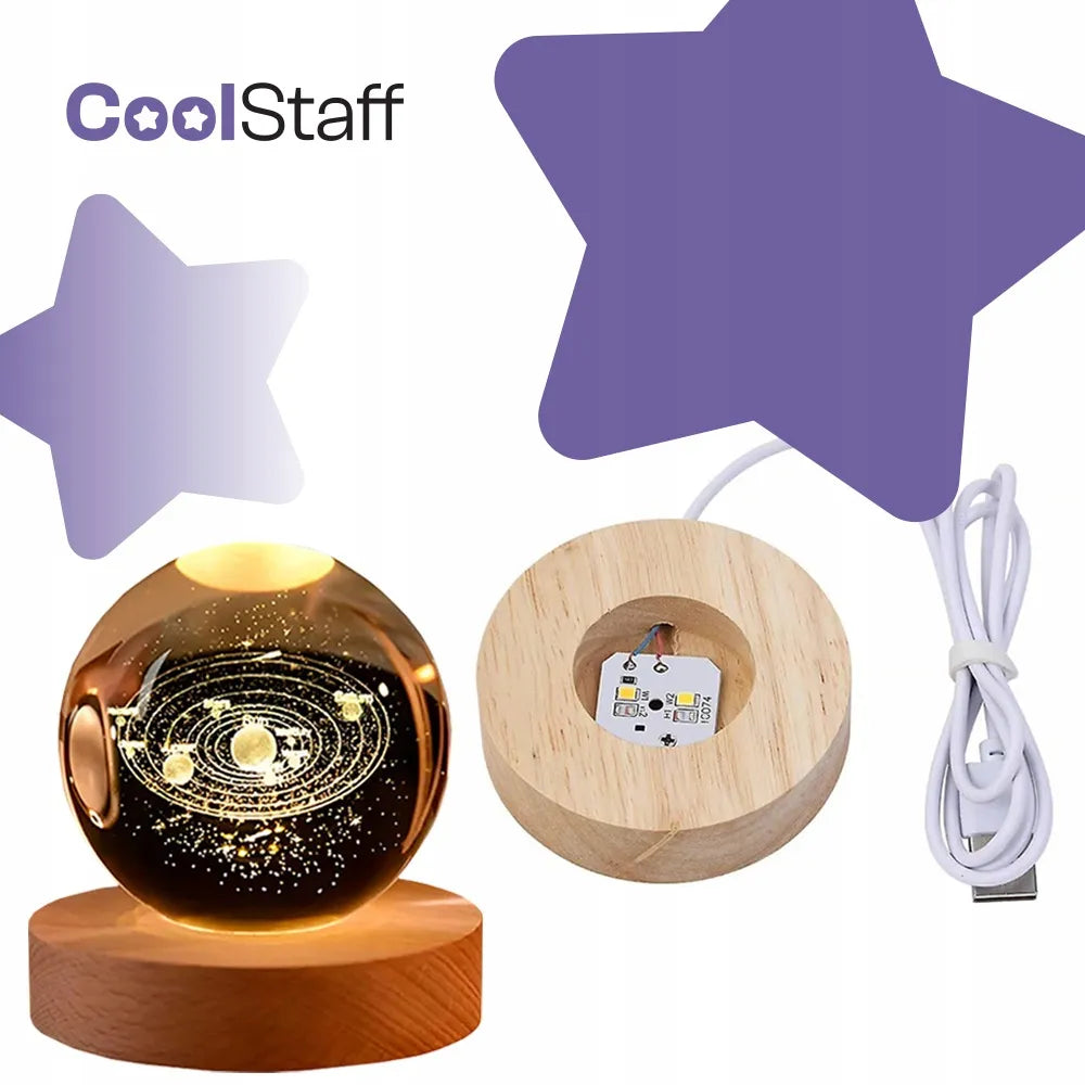 LED naktinė mini stalinė lempa, 3D stiklinis rutulys „Galaxy“, Saulės sistema, USB