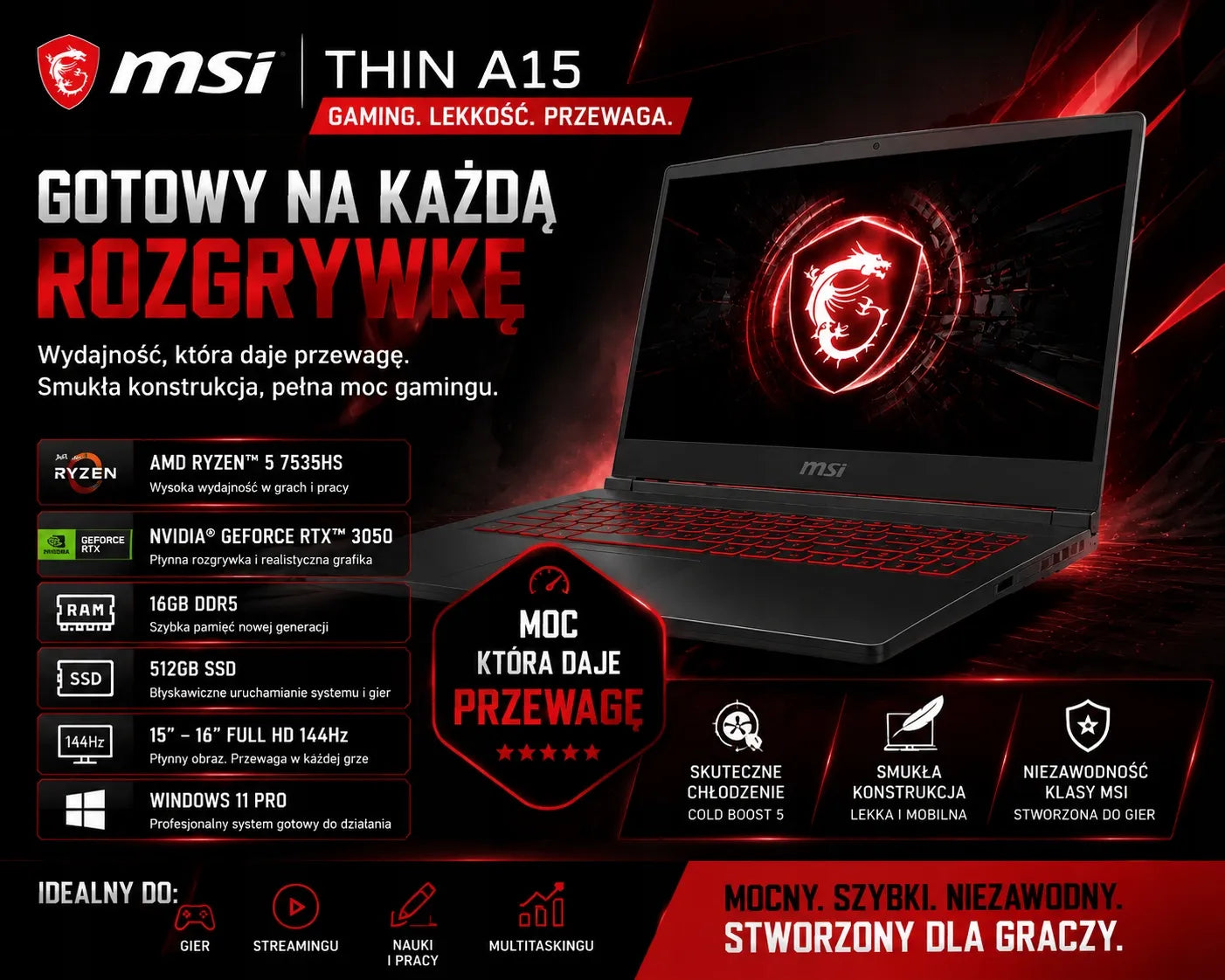 Nešiojamas kompiuteris MSI Thin A15 Ryzen 5-7535HS 16GB 512GB SSD M.2 Win11 RTX3050 144Hz