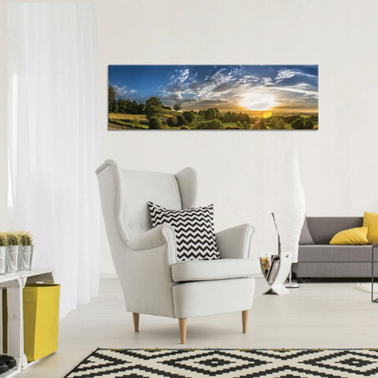 Panoraminis kalnų kraštovaizdžio paveikslas ant drobės svetainei ir miegamajam, 145 × 45 cm