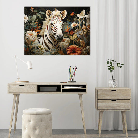 Paveikslas „Zebra, gėlės ir gyvūnai“ ant drobės sienai, svetainei ir miegamajam, 120 × 80 cm